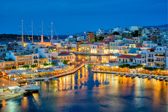 Agios Nikolaos Town at Night, Lasithi Region of Crete Island, Greece