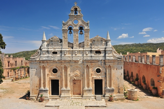 The main church of Arkadi Monastery, symbol of the struggle of Cretans against the Ottoman Empire, Rethymno, Crete, Greece.